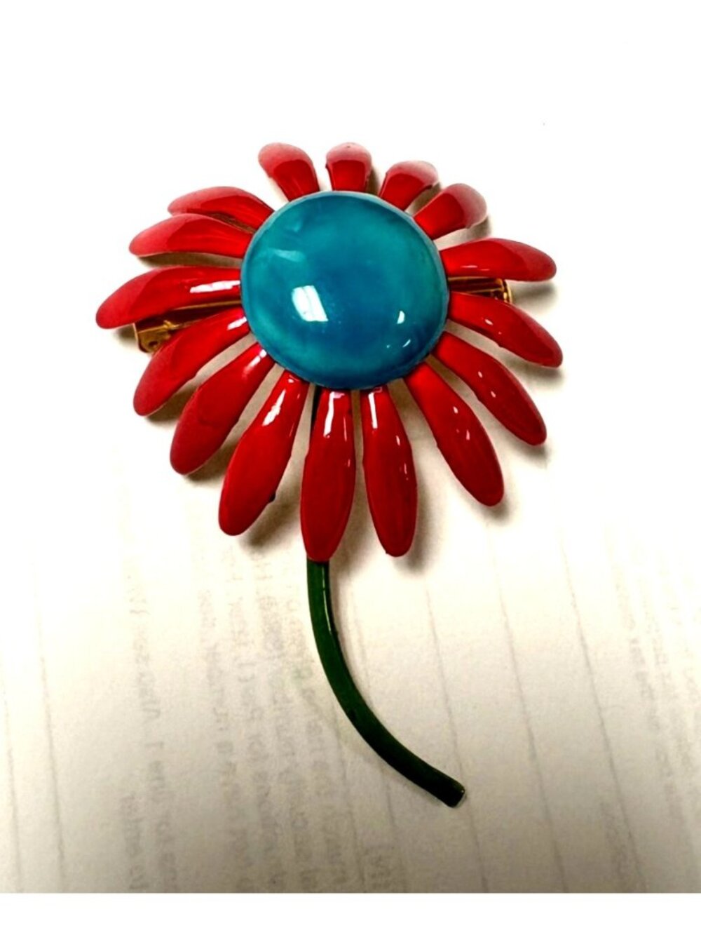 Red Blue Enamel Flower Power Brooch Daisy Metal Pin Vintage Retro Classic